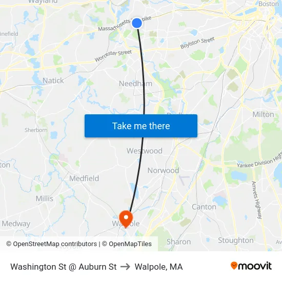 Washington St @ Auburn St to Walpole, MA map