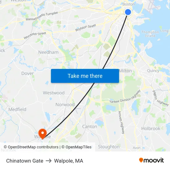 Chinatown Gate to Walpole, MA map