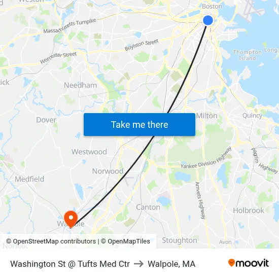 Washington St @ Tufts Med Ctr to Walpole, MA map