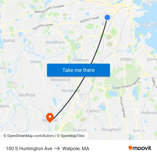 100 S Huntington Ave to Walpole, MA map