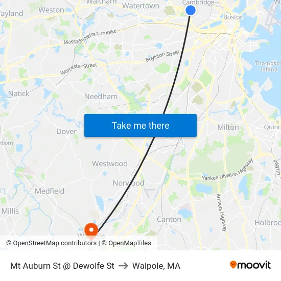 Mt Auburn St @ Dewolfe St to Walpole, MA map