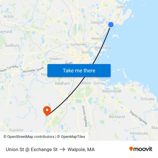 Union St @ Exchange St to Walpole, MA map