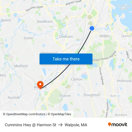 Cummins Hwy @ Harmon St to Walpole, MA map