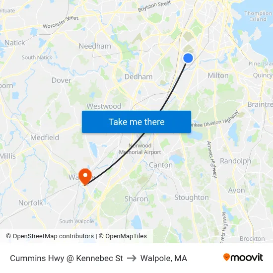 Cummins Hwy @ Kennebec St to Walpole, MA map