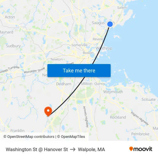 Washington St @ Hanover St to Walpole, MA map