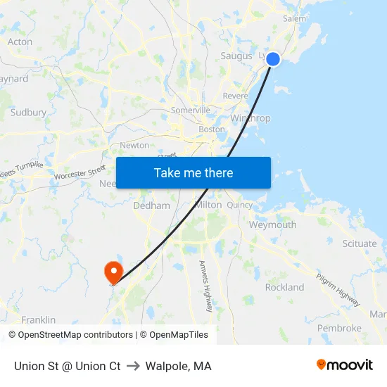 Union St @ Union Ct to Walpole, MA map