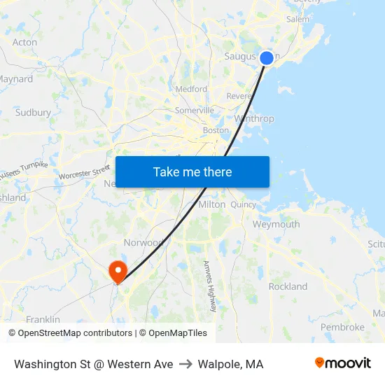 Washington St @ Western Ave to Walpole, MA map