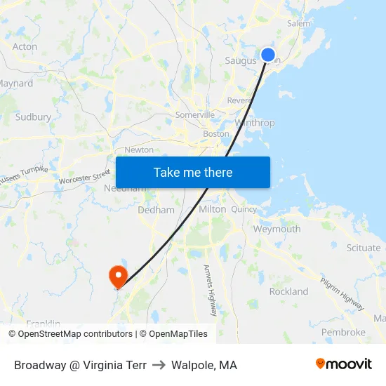 Broadway @ Virginia Terr to Walpole, MA map