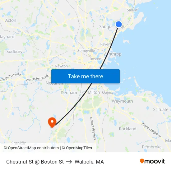 Chestnut St @ Boston St to Walpole, MA map