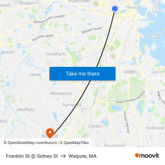 Franklin St @ Sidney St to Walpole, MA map