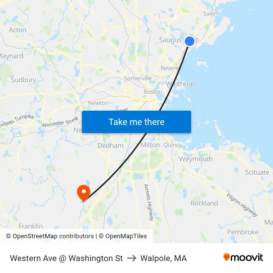 Western Ave @ Washington St to Walpole, MA map