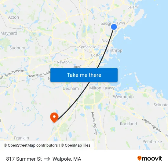 817 Summer St to Walpole, MA map