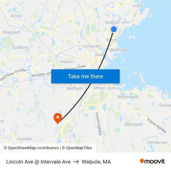 Lincoln Ave @ Intervale Ave to Walpole, MA map