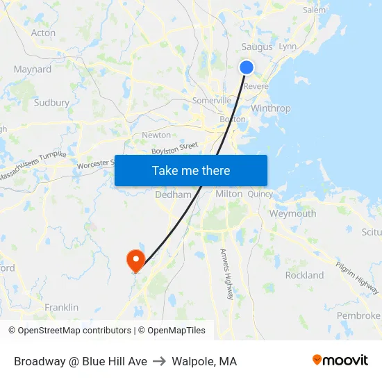 Broadway @ Blue Hill Ave to Walpole, MA map