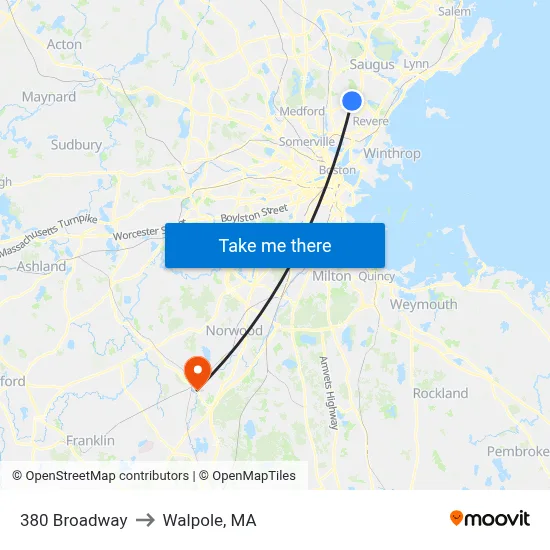 380 Broadway to Walpole, MA map