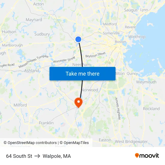64 South St to Walpole, MA map