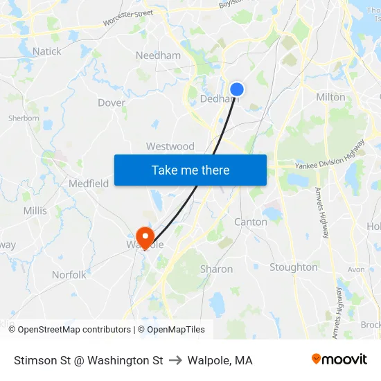 Stimson St @ Washington St to Walpole, MA map