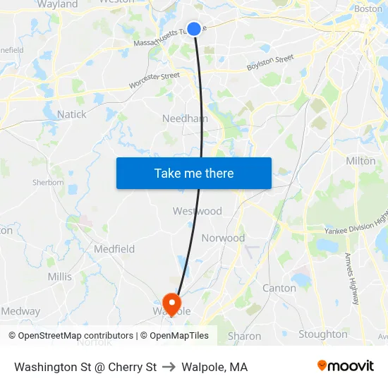 Washington St @ Cherry St to Walpole, MA map
