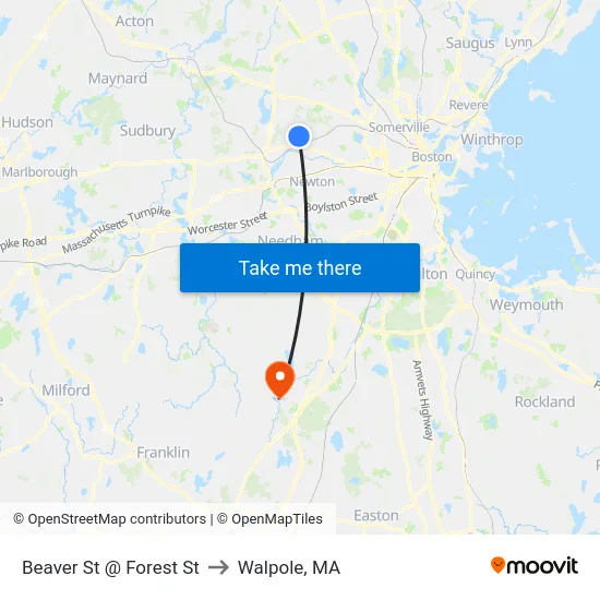Beaver St @ Forest St to Walpole, MA map