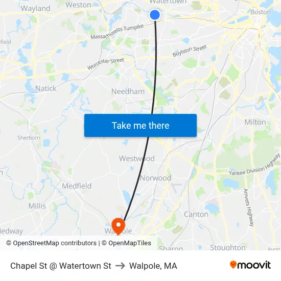 Chapel St @ Watertown St to Walpole, MA map