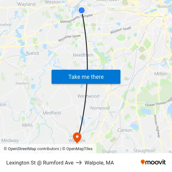 Lexington St @ Rumford Ave to Walpole, MA map