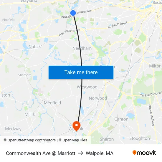 Commonwealth Ave @ Marriott to Walpole, MA map
