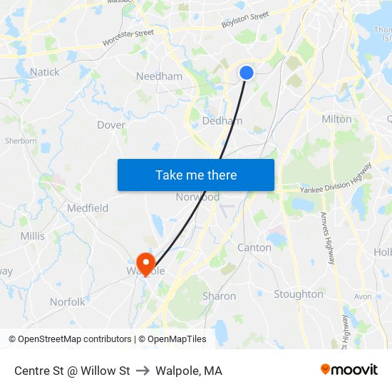 Centre St @ Willow St to Walpole, MA map