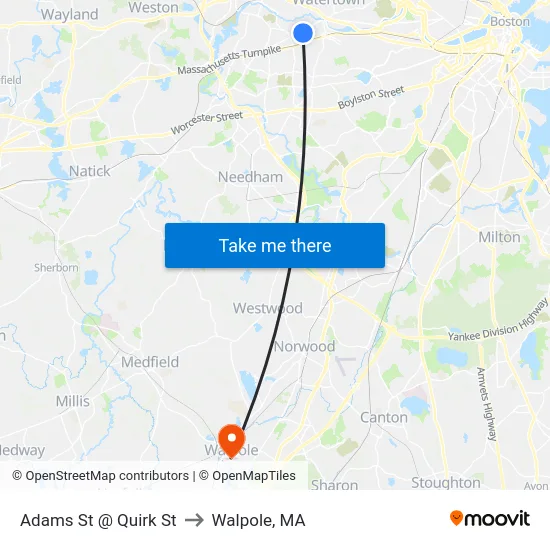 Adams St @ Quirk St to Walpole, MA map