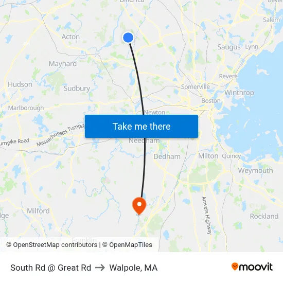 South Rd @ Great Rd to Walpole, MA map