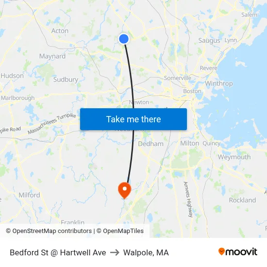 Bedford St @ Hartwell Ave to Walpole, MA map