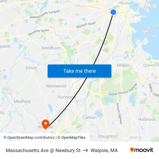 Massachusetts Ave @ Newbury St to Walpole, MA map