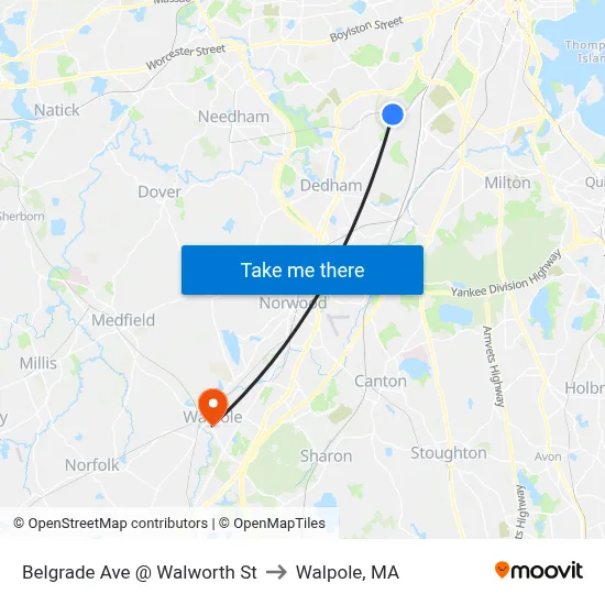 Belgrade Ave @ Walworth St to Walpole, MA map