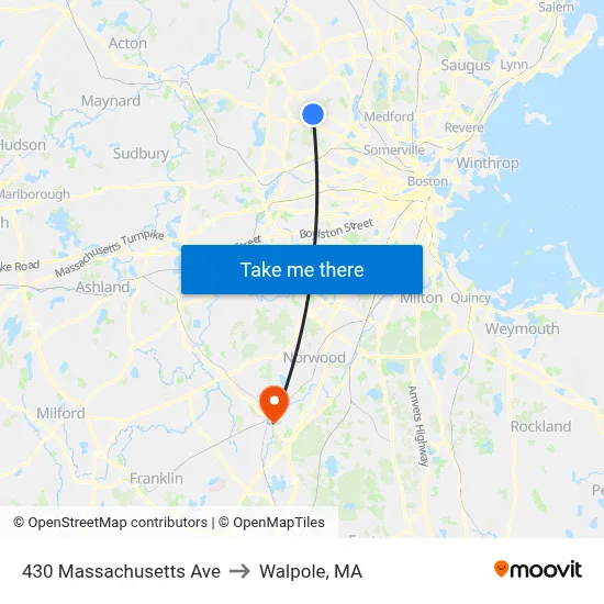 430 Massachusetts Ave to Walpole, MA map