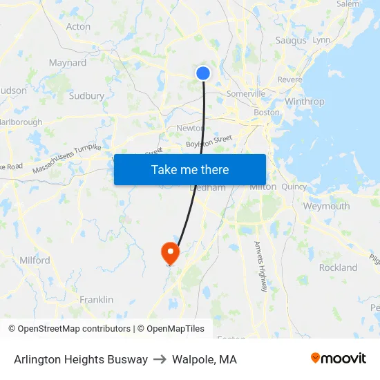 Arlington Heights Busway to Walpole, MA map