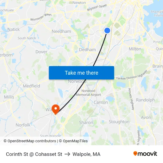 Corinth St @ Cohasset St to Walpole, MA map