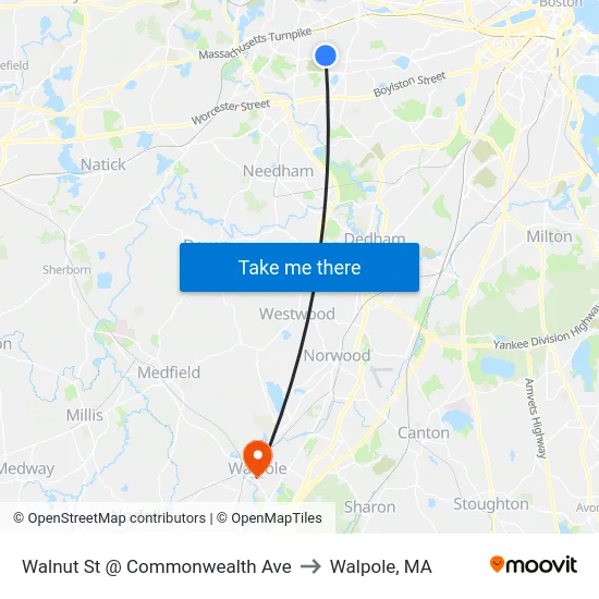 Walnut St @ Commonwealth Ave to Walpole, MA map