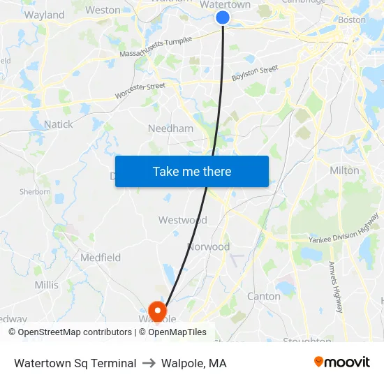 Watertown Sq Terminal to Walpole, MA map