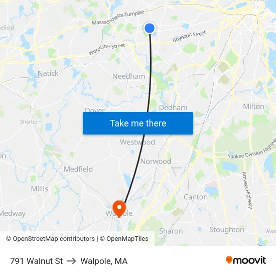 791 Walnut St to Walpole, MA map