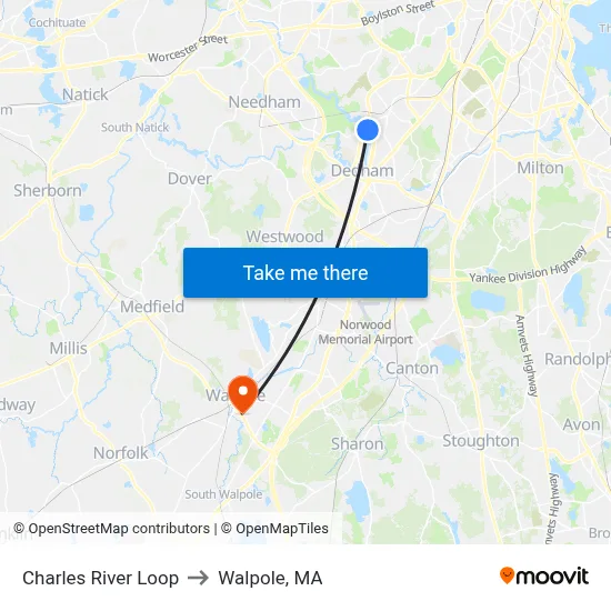 Charles River Loop to Walpole, MA map