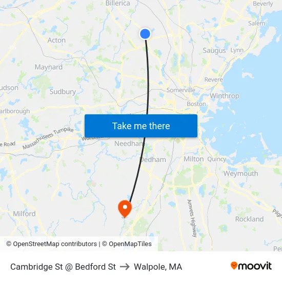 Cambridge St @ Bedford St to Walpole, MA map