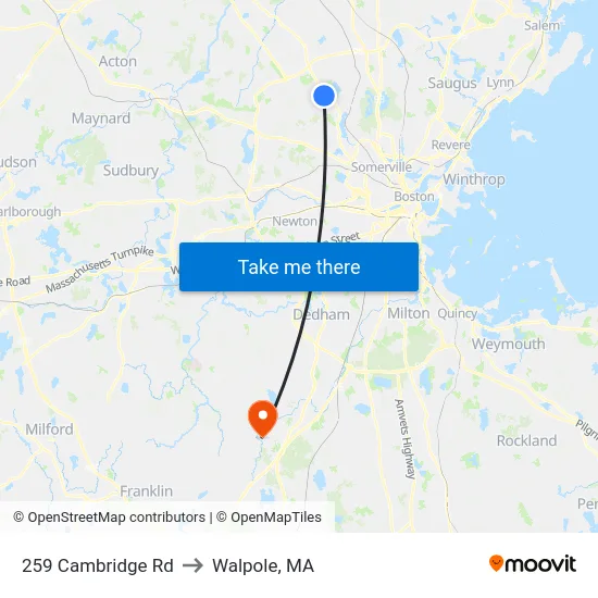 259 Cambridge Rd to Walpole, MA map