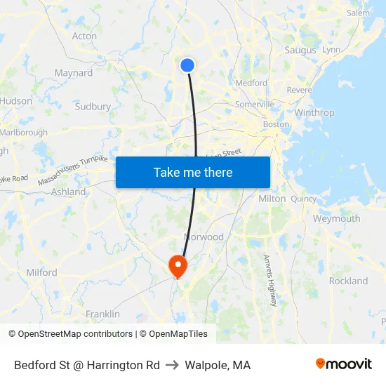 Bedford St @ Harrington Rd to Walpole, MA map