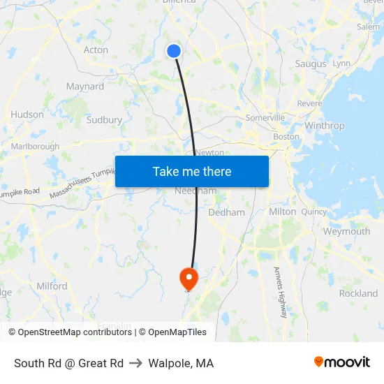 South Rd @ Great Rd to Walpole, MA map