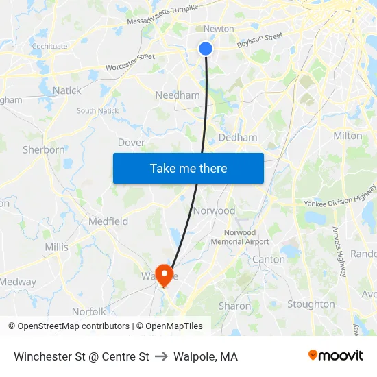 Winchester St @ Centre St to Walpole, MA map