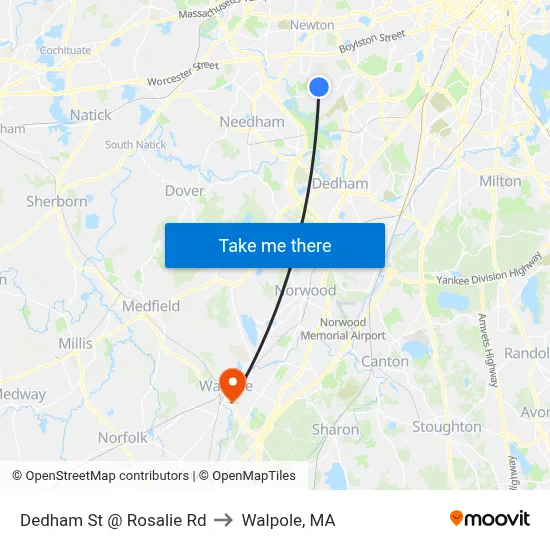 Dedham St @ Rosalie Rd to Walpole, MA map