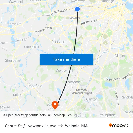 Centre St @ Newtonville Ave to Walpole, MA map