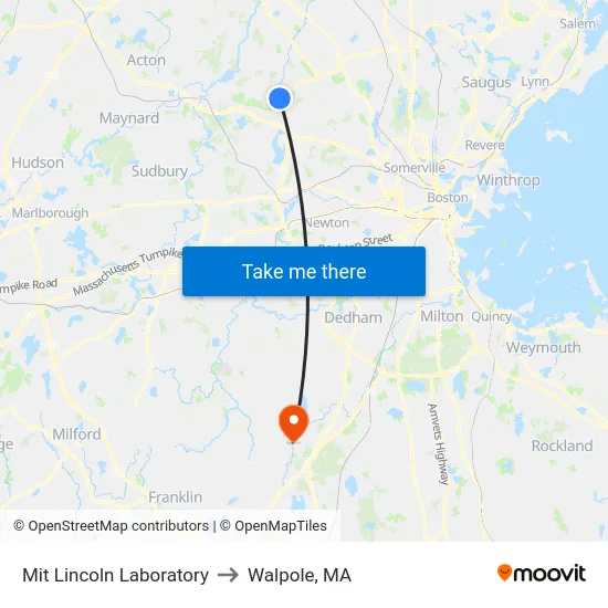 Mit Lincoln Laboratory to Walpole, MA map