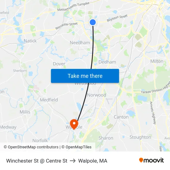 Winchester St @ Centre St to Walpole, MA map