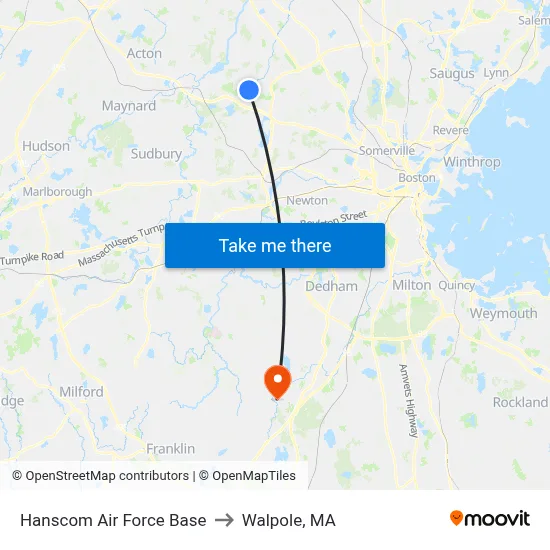 Hanscom Air Force Base to Walpole, MA map