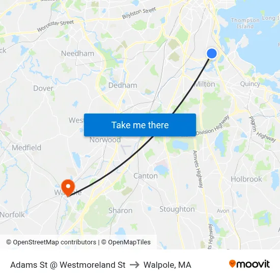 Adams St @ Westmoreland St to Walpole, MA map